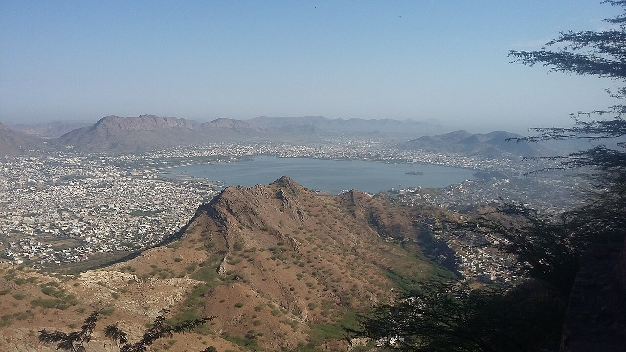 Aerial view of Ajmer city nestled in the Aravalli hills of Rajasthan